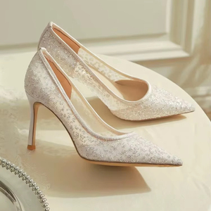 Personalizado Señoras <span class=keywords><strong>Novia</strong></span> Zapato Punta estrecha Stiletto <span class=keywords><strong>Zapatos</strong></span> DE BODA Conjunto de malla de encaje blanco 8 cm Tacón <span class=keywords><strong>Zapatos</strong></span> de boda para La <span class=keywords><strong>novia</strong></span> - Product Image 1