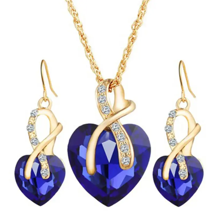 YiXinJewelry European and American wedding dinner heart-shaped artificial Austrian crystal zircon earrings necklace jewelry set