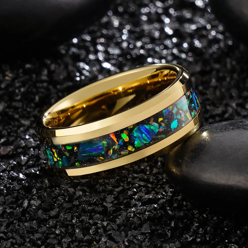Poya gioielli prezzo basso blu verde opale intarsio anello nuziale anello in tungsteno dorato