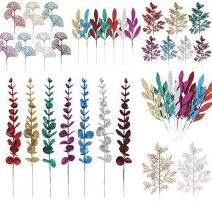 Feuilles artificielles à paillettes dorées, décorations de Noël, fausses feuilles vertes pour arbre de Noël, couronne, arrangement floral DIY, vente en gros - Product Image 1