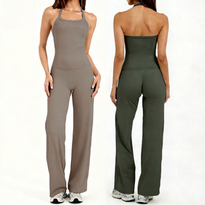 Women's Sleeveless Halter Square Neck Yoga Set 2 Piece <b>High</b> <b>Waist</b> Solid <b>Flared</b> <b>Leggings</b> - Product Image 1