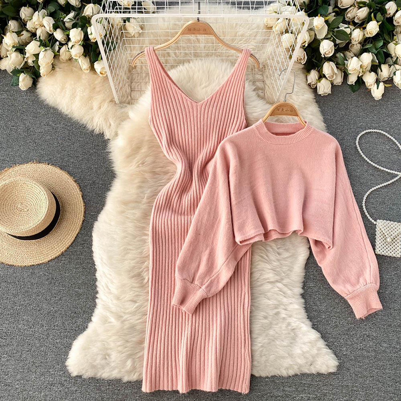 Autumn and winter outfits casual knitting suit elegant party dress vestidos two pieces sweater dresses