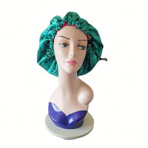 Bonnet de nuit en satin double couche ajustable avec logo personnalisé, bonnet de douche rond double face pour femme, chapeau de nuit en polyester - Product Image 1