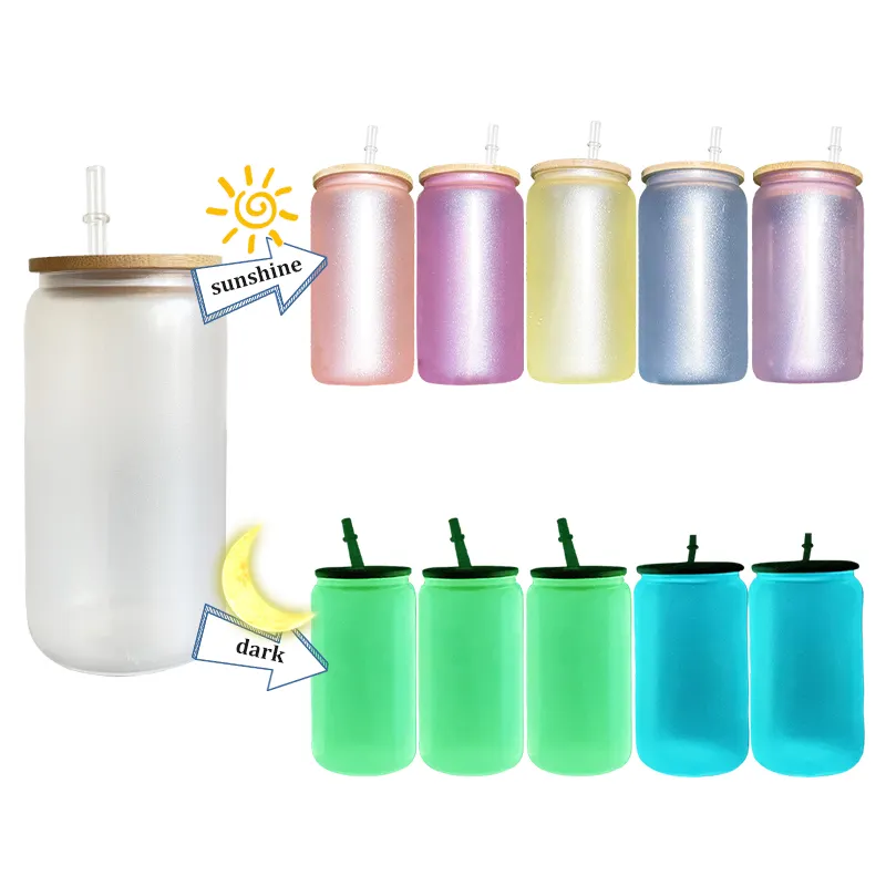 DIY Craft Blank Sublimation 16oz Cold Drink UV Color Change and Glow In Dark Can Glass with Clear Plastic Straw