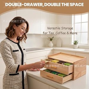 Wooden <b>Tea</b> Storage <b>Box</b> Double Drawer Cabinet Desktop Organizer For <b>Tea</b> Bags And Accessories Rectangle Shape Standing Type - Product Image 3