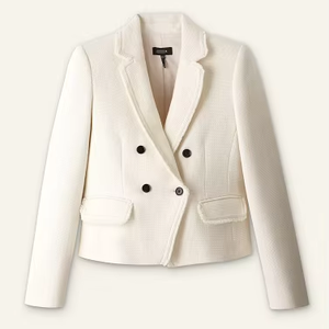 Blazer élégant blanc croisé pour femme en tissu texturé, veste de bureau décontractée avec poches, manteau de costume stylé - Product Image 1