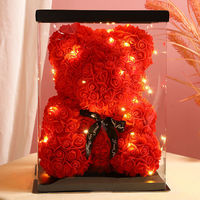 Ours en peluche avec boîte, fleurs, 25 cm, roses, Saint-Valentin, cœur en mousse, rouge, cadeau, cadeaux, rose artificielle miniature, ours en roses préservées pour la Saint-Valentin