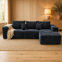 Canapé sectionnel modulaire en velours côtelé bleu marine avec chaise longue et rembourrage en mousse, design à profil bas pour salon Japandi écoresponsable