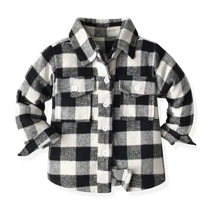 블랙 화이트 체크 무늬 긴 소매 가을 셰르파 플란넬 키즈 탑 겨울 세련된 양털 소년 셔츠