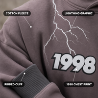 Ensemble survêtement homme streetwear personnalisé en molleton de coton 450 GSM, comprenant un sweat à capuche zippé oversize et un pantalon de jogging, avec imprimé graphique Éclair 1998, couleur mauve