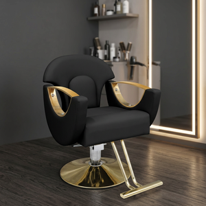 Silla de Barbero Hidráulica Negra con Acabado en Latón, Giratoria 360°, Reclinable y Ajustable, para Peluquería - Product Image 1