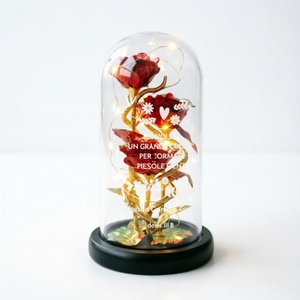 Rose in Foglia d'Oro in Cupola di Vetro con Luce LED 11*21cm, Lampada Rosa Iridescente Viola, Ornamento di Lusso per Arredamento Casa, Fornitura di Fabbrica - Product Image 1