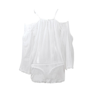 Ensemble de chemise de nuit en dentelle à épaules dénudées, lingerie transparente en maille, manches longues, noir et blanc, 2 pièces, vêtements de nuit doux pour femmes - Product Image 4