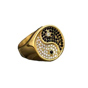 PVD 18k Gold Plated Jet And Clear Rhinestone Hip Hop Stainless Steel Eight Diagrams Round Rings