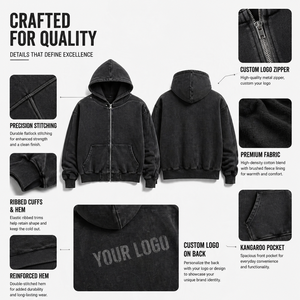 Sudadera con capucha y cremallera de algodón de 430 g/m² con logotipo personalizado para hombre, sudadera de forro polar grueso con cremallera completa, estilo urbano, para marca privada OEM. - Product Image 2