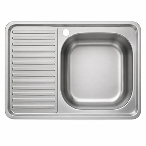 Évier de cuisine moderne carré en acier inoxydable à un seul bac avec égouttoir, installation en montage sur le dessus, surface satinée brossée 2 - Product Image 1