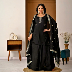 Salwar Kameez en coton noir avec dupatta brodé, tenue décontractée traditionnelle indienne et pakistanaise pour femmes, coupe régulière, longueur au sol - Product Image 1
