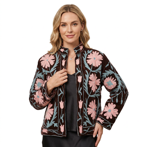 Women's Warm Spring/Autumn/Winter Printed Velvet Suzani Embroidery Floral Handcrafted Ethnic Breathable Cotton Lined Full <b>Button</b> - Product Image 1