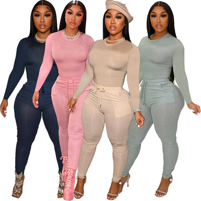 2021 New Arrivals Solid Women 2 Piece Legging Set Fall Women Clothes Drawstring Pants Matching Tracksuit