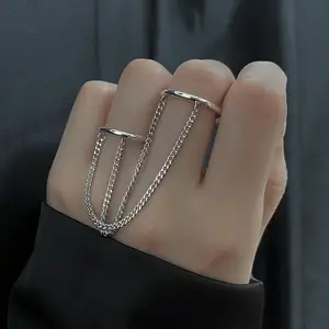 Stock Available Hip Hop Double Stainless Steel Silver Ring Women Jewelry With Chain Adjustable Knuckle Opening Punk Finger Ring