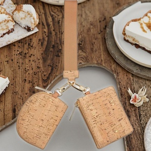 Boshiho Mini Vegan Cork <b>Wristlet</b> Keychain Wallet Detachable Dual Pouch Zipper Coin Card Purse with Polyester Lining for Women - Product Image 6