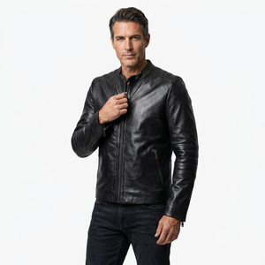 Chaqueta de Cuero Genuino Negra para Hombre, Corte Ajustado, Estilo Cafe Racer, Motociclista, Piel de Vacuno, Mangas Acanaladas, Clásica, Personalizada, Cálida para Invierno - Product Image 1