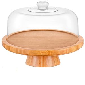 Glazen Koepeldeksel Met Bamboe Bord Rond Dessertbord Doorzichtige <span class=keywords><strong>Cake</strong></span> Stand <span class=keywords><strong>Cake</strong></span> Cakedisplay - Product Image 5