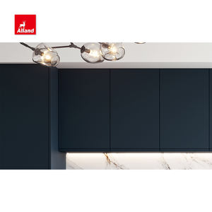 Allandcabinet Armoire de cuisine laquée bleu marine 45 degrés biseau tirer <span class=keywords><strong>menuiserie</strong></span> moderne avec lumière LED avec cascade de marbre île - Product Image 4
