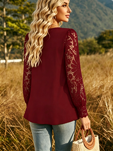 Women's Red <b>Crocheted</b> Lace <b>Sleeve</b> Blouse-Elegant V-Neck Button Front Casual <b>Top</b> for Daily Party Wear - Product Image 3