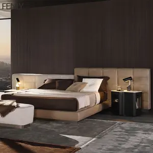 カスタマイズ可能な高級イタリアンモダンキングサイズベッドダブルヘッドボードレザーソファベッド木製最新ヴィラデザインベッドルーム家具