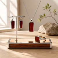 Ensemble de bijoux en acier inoxydable 316L de qualité supérieure avec incrustation de bois de séquoia, pendentif rectangulaire géométrique, collier, boucles d'oreilles et bague, vente en gros