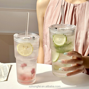 Tumatore in vetro moderno a righe <span class=keywords><strong>da</strong></span> 600ml con coperchio trasparente resistente alle alte Temperature in paglia <span class=keywords><strong>da</strong></span> tè nordico per bicchieri <span class=keywords><strong>da</strong></span> festa - Product Image 2