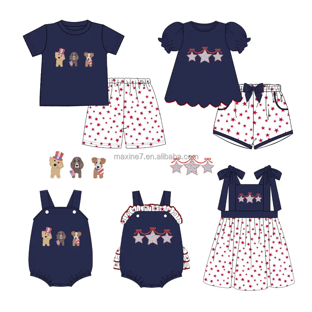 Puresun เด็ก 4 กรกฎาคมเสื้อผ้าเด็กบูติก USA ดาวappliqueเด็กทารกเสื้อฤดูร้อนและชุดสั้น