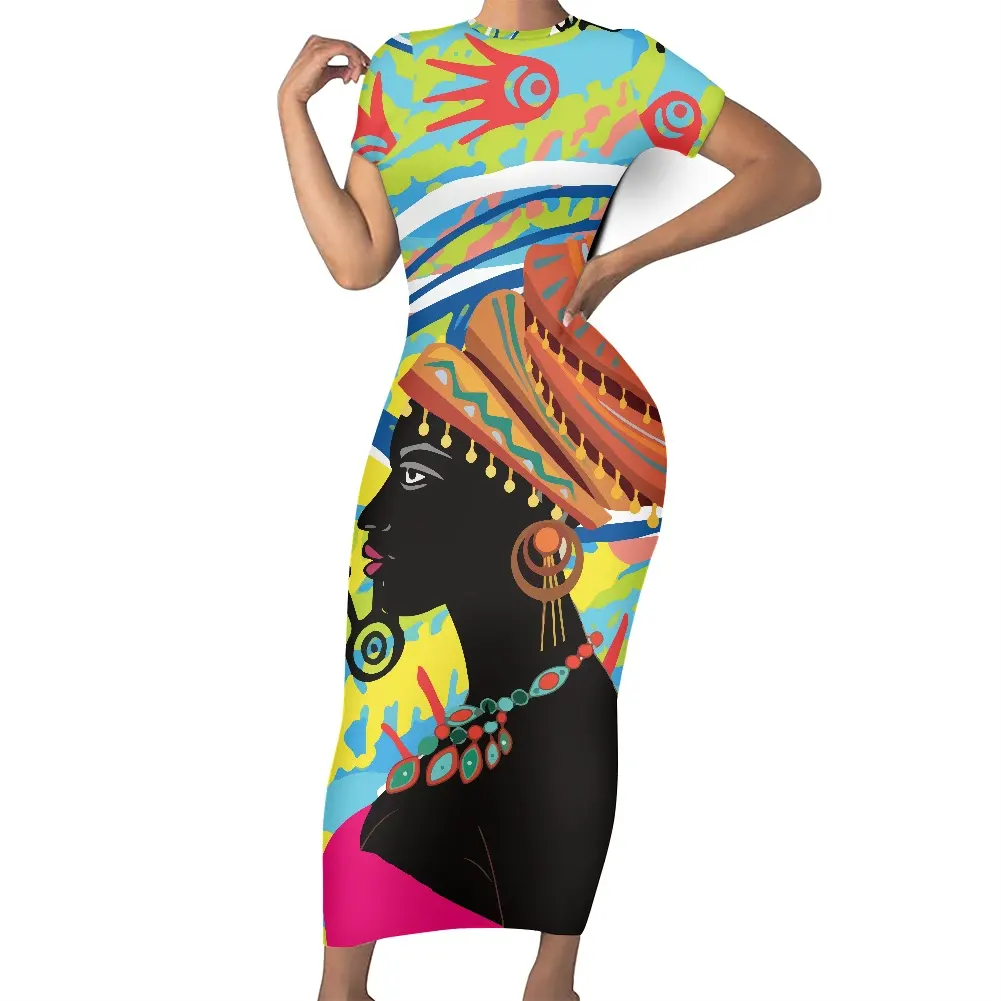 Günstige Casual Frauen Kleid 4XL African Girl Tribal Printed Plus Size Damen kleider Kurzarm Party Elegant Lady Abendkleid