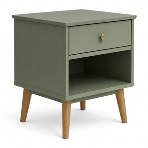 Table de chevet vert sauge, finition mate Japandi, bouton rond en laiton, un seul tiroir, pieds coniques en <span class=keywords><strong>chêne</strong></span>, style bohème minimaliste - Product Image 5