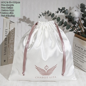 Custom Logo Printed <b>White</b> Satin Fabric Headwear Ornaments Storage Drawstring <b>Bag</b> Luxury Gift Hair Extension Wig Silk Satin <b>Bag</b> - Product Image 1