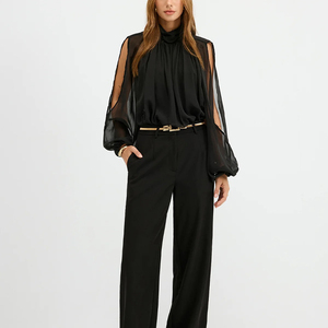 Elegante Blusa Negra Transparente con Manga Transparente, Cuello Alto, Hombro Descubierto y Diseño <span class=keywords><strong>de</strong></span> Espalda Abierta <span class=keywords><strong>para</strong></span> Elegancia Nocturna y Glamour <span class=keywords><strong>de</strong></span> Fiesta - Product Image 4