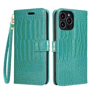 2024 New Wallet Phone Case Crocodile Pattern Phone Pouch With Pocket Hand Cord for iphone 15 Pro Max