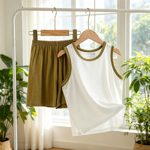 Ensemble d'été léger et uni pour bébés garçons et filles, nouveau survêtement d'intérieur en soie glacée, gilet et short rafraîchissants pour enfants - Product Image 2