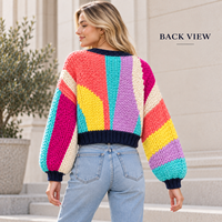 Cardigan court en maille pour femme, col en V, color block, simple boutonnage, manches longues, pour tenue décontractée