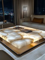 Table basse de luxe légère haut de gamme avec plateau carré en marbre et base en métal BECT025 avec éclairage pour salon ou hall