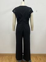 Nouvelle combinaison pantalon large taille haute noire élégante et décontractée pour femme, col rond avec empiècements en dentelle, collection Printemps-Été