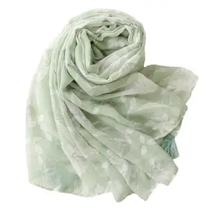 Factory supplier nice floral cotton scarf long shawl with tassel Muslim hijab Spring color