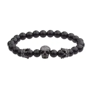 Natural Black Matte Onyx Beads Stainless Steel Skull Bracelet Copper Gold And Silver Skull Charm Stone Beads CZ Crown Bracelet