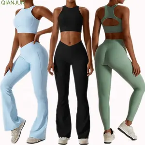 Bra olahraga 3 potong untuk wanita, Set Legging olahraga warna polos dan legging ukuran besar, Set Yoga olahraga 3 potong, Bra legging aktif