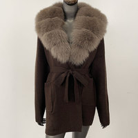 OFTBUY femmes élégant pull décontracté veste automne hiver chaud tricoté manteau grand réel col de fourrure de renard fermeture éclair lâche élégant Long
