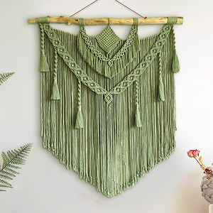 Ventes Flash : Décoration Murale <span class=keywords><strong>Macramé</strong></span> Vert <span class=keywords><strong>avec</strong></span> Tige en <span class=keywords><strong>Bois</strong></span> Naturel, Tapisserie Murale Bohème Tissée à la Main <span class=keywords><strong>avec</strong></span> Franges, Décoration Murale Texturée Bohème - Product Image 4
