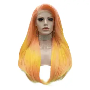 도매 내열 스트레이트 오렌지 옐로우 Futura 매트 섬유 코스프레 럭셔리 합성 레이스 프론트 가발 여성용 그래그 가발