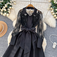 Robe élégante pour femmes WIWT, robe décontractée à manches longues avec empiècements en dentelle, ceinture, pour tous les jours et les soirées, vêtements pour femmes