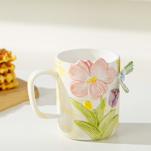 Hot Selling Embossed Flower and Butterfly Ceramic Mug Hand Painted Aesthetic Coffee Mug - Product Image 5